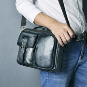 Male shoulder messenger bag cowhide - blue-black - Men_Briefcase